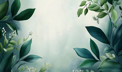 Wall Mural - Green leaves snd flower watercolor background invitation template, Generative AI