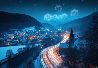 Tranquil Winter Night with Fireworks Over a Serene Village and Snowy Landscape in a Magical Blue Tone