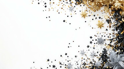 Luxurious corner border of black, silver, and gold New Year decor with festive confetti on white