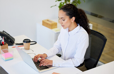 Poster - Office, laptop and woman at desk for administration, hr career and project management. Corporate, receptionist and business person on computer for planning schedule, website information and research
