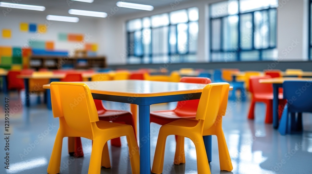 Colorful chairs and tables set up in a well lit classroom ready for ...