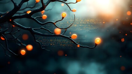Luminous lines of computer programming language dance across a dimly lit backdrop symbolizing the power of technology  Intricate web of code dynamic and ever evolving illuminated by a soft glow