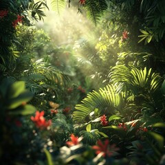 Canvas Print - Lush green forest with vibrant flowers and sunlight