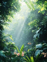 Wall Mural - Lush tropical jungle with sunlight filtering through trees