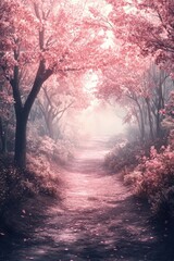 Wall Mural - Path through a serene cherry blossom forest at dawn