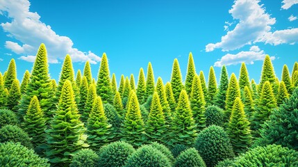 Sticker - Lush green forest under a bright blue sky; ideal for nature, environmental, or travel projects