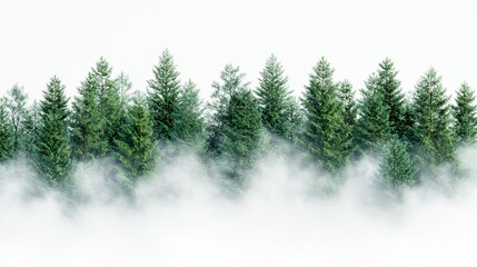 Sticker - Misty evergreen forest panorama, nature background