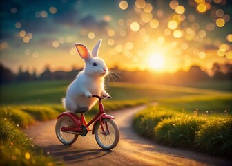 Wall Mural - Whimsical Long Exposure Photo of a Rabbit on a Tricycle at Sunset