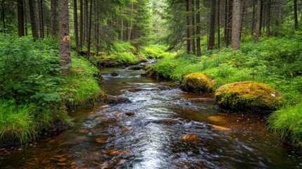 Canvas Print - Serene stream flowing through a vibrant forest landscape