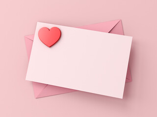 Aufkleber - Love letter creative idea concepts blank light pink paper on pink envelope and red heart shape paperweight on pink pastel color background with shadows minimal conceptual valentines day 3D rendering