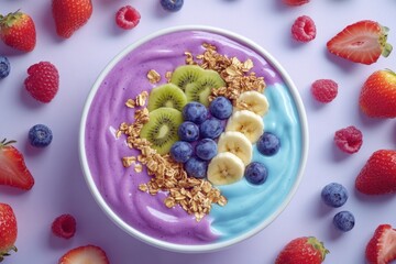 Wall Mural - Summer smoothie bowl in purple-blue with strawberries, banana, blueberries, kiwi, raspberries and granola on a white and blue background. With fruit and breakfast cereals, top view, healthy food