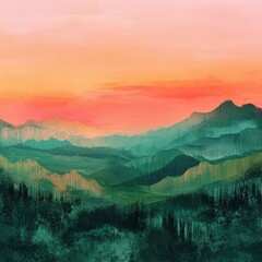 Sticker - Vibrant sunset over rolling green mountains and valleys