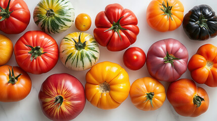 Wall Mural - Farm tomatoes of different shapes and colors. A colorful arrangement of heirloom tomatoes in various shapes on a white table with soft natural lighting