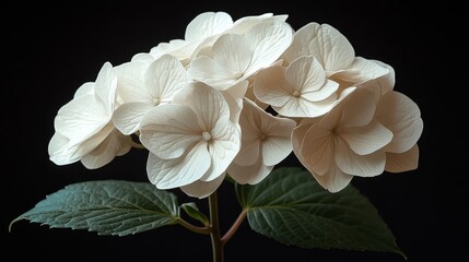 Poster - Elegant Creamy White Hydrangea Blossom Close-up Against a Dramatic Black Background, Showcasing Delicate Petals and Lush Green Foliage.