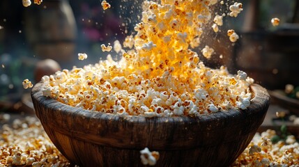 Poster - Golden Ambrosia: A Cascade of Buttery Popcorn in a Rustic Wooden Bowl, Capturing the Essence of Movie Night Delight