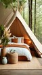 © Bos Amico - Tranquil woodland tent oasis with curated plush bedding natural decor and vintage inspired minimalist aesthetic
