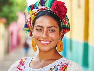 Wall Mural - Traditional Portrait of a Joyful Woman with Headpiece and Jewelry