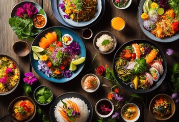 Wall Mural - bright colorful flat lay diverse dishes cuisines featuring fresh ingredients unique presentation styles visual feast, appetizer, bowl, cocktail, dessert