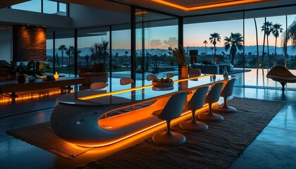 Wall Mural - A modern dining table with smart LED lights and temperature-controlled settings, set in a contemporary dining room.