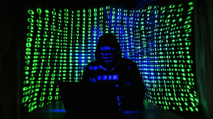 A hacker in a dark room surrounded by glowing binary code creates an intense atmosphere for cyber security campaigns