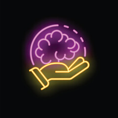 Poster - Hand holding a brightly glowing neon brain, symbolizing the power of ideas and creativity