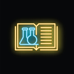 Wall Mural - Neon icon of an open book featuring beakers, symbolizing the pursuit of chemistry knowledge