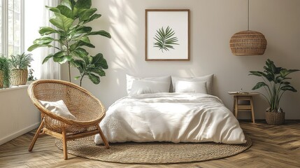 Wall Mural - Sunny bedroom, rattan chair, plants, calm vibe, interior design