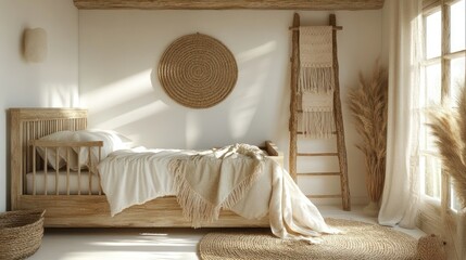 Wall Mural - Sunny bedroom, wooden bed, natural decor, boho style, sunlit room