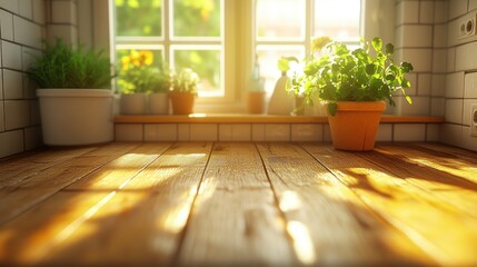 Wall Mural - Sunny kitchen countertop, plants, window, morning light, product display