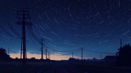a silhouette of power lines against a nighttime landscape with a star trail effect, capturing a stri