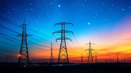 Wall Mural - A silhouette of power lines against a nighttime landscape with a star trail effect, capturing a striking celestial view