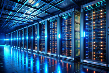 blue illuminated data center server room. a data center server room with blue lighting.filled with s