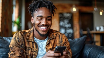 Happy young man using his mobile phone