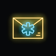 Poster - Bright neon icon of a medical mail with an asterisk symbol glowing on a black background