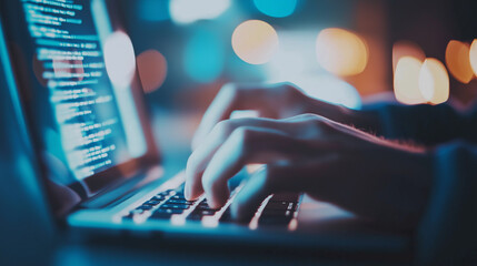 Fototapete - Hands typing on a laptop keyboard with code displayed on the screen in a dimly lit environment with colorful bokeh lights in the background. Perfect for themes of programming, coding, and technology