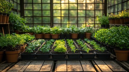 Lush green plants growing in pots inside a sunlit greenhouse, showcasing vibrant foliage and tranquility