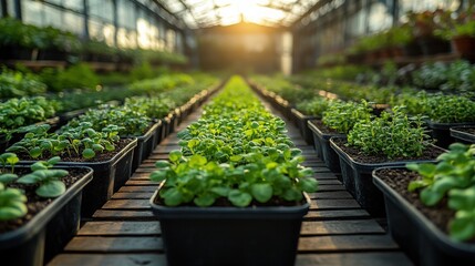 Wall Mural - Lush green seedlings growing in a sunlit greenhouse, showcasing vibrant plant life and nurturing care