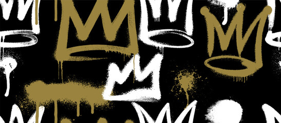 Seamless pattern with crowns. Spray painted graffiti crown sign with drips. Rough brush painted shapes. Grunge crown with spray texture. Street style abstract grunge vector.