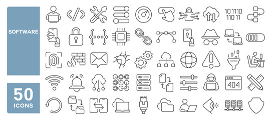 set of 50 line icons related to software, development, coding, program, application, database, websi