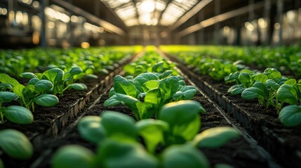 Wall Mural - Lush green seedlings thriving in a sunlit greenhouse, showcasing vibrant growth and cultivation