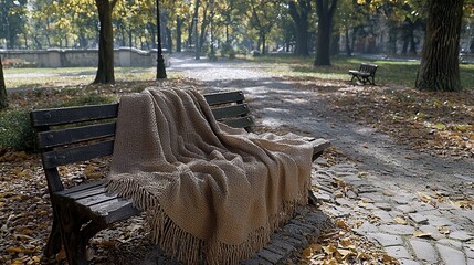 Canvas Print - Autumn park bench, blanket, leaves, path, peaceful