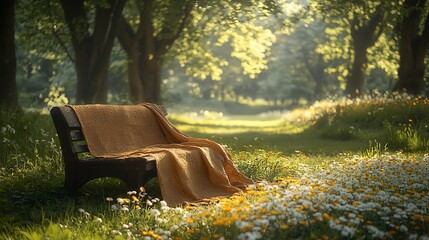 Canvas Print - Serene park bench, sunrise light, flowers, peaceful scene, relaxation