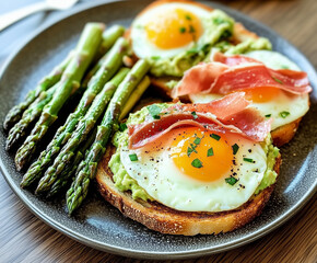 Wall Mural - fried eggs with prosciutto wrapped asparagus and avocado toast