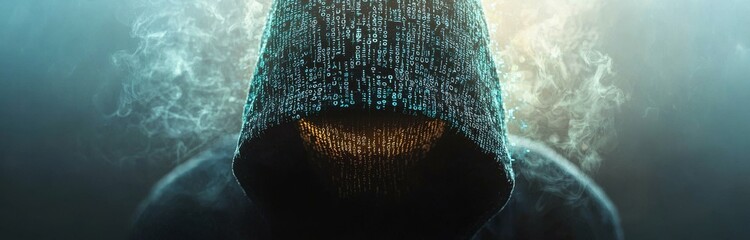 A hooded criminal's silhouette hacking a computer against a backdrop of binary code - illustrating cyber crime