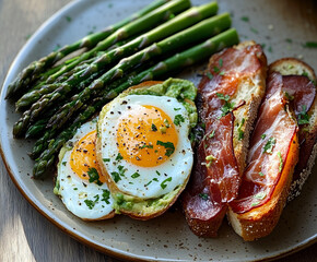 Wall Mural - fried eggs with prosciutto wrapped asparagus and avocado toast