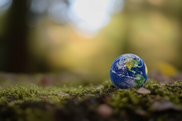 Wall Mural - A glass globe perched atop vibrant green grass in a forest, illuminated by the sun - a testament to environmental consciousness, world conservation, and the significance of Earth Day