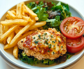 Wall Mural - plate with a chicken parmigiana thick fries and salad