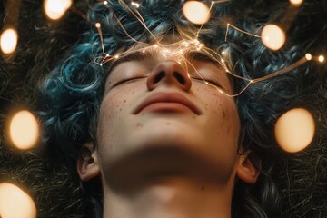 A businessman with a digital brain and a network of neurons, symbolizing the concept of stock