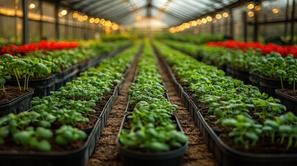 Wall Mural - Lush greenhouse filled with vibrant green plants and red flowers under warm lighting