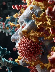 Fototapete - Respiratory virus infection illustrated as a human face combining medical and biological elements in a vivid 3d representation. Generative AI